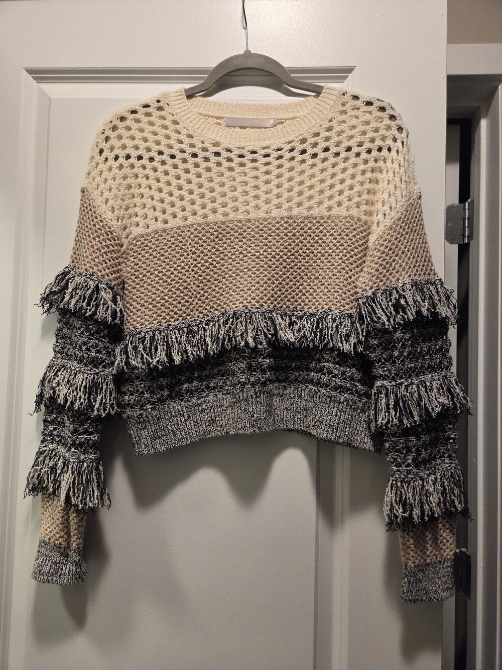 One Grey Day Colorblock Fringe Knit Sweater | Small | Wool Blend | Boho Chunky P